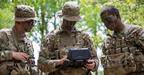 Soldiers assigned to 2nd Brigade Combat Team, 101st Airborne Division, conduct area reconnaissance using a UAS drone at Fort Campbell, Kentucky.