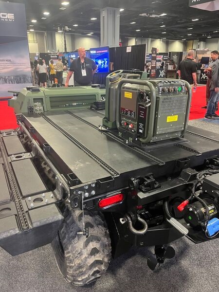 American Rheinmetall Vehicles displayed its first prototype of the Mission Master UGV upgraded for swimming in the surf zone.