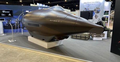 A mock-up of the Greyshark AUV displayed at IMDEX 2025 in Singapore.