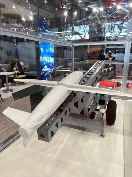 A model of the Sureshastra Mk1 loitering munition, which is being delivered to the Indian Air Force.
