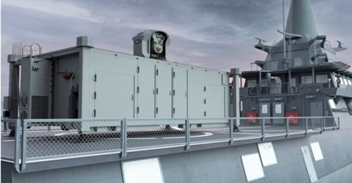 A computer-generated image of how a containerised mission module of the Naval Iron Beam system would look when deployed on a vessel's flight deck.