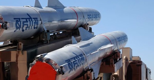 A BrahMos cruise missile is pictured on a Tata launch vehicle.