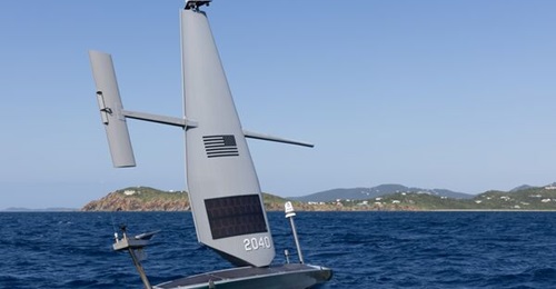 A Voyager USV is pictured in waters off the coast of Saint Thomas island, US Virgin Islands, in January 2025. Saildrone and the Danish Armed Forces are gearing up to start operational testing of four Voyager USVs in Danish waters in June.