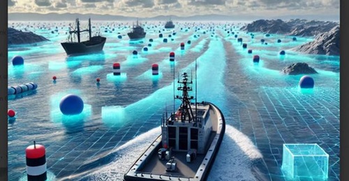 A concept graphic of GhostPlay@Sea demonstrating a naval simulation.
