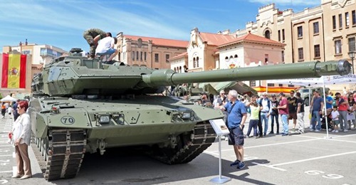 A Leopard 2E battle tank exhibited at the Bruch Barracks in Barcelona, Spain, on 2 June 2024.
