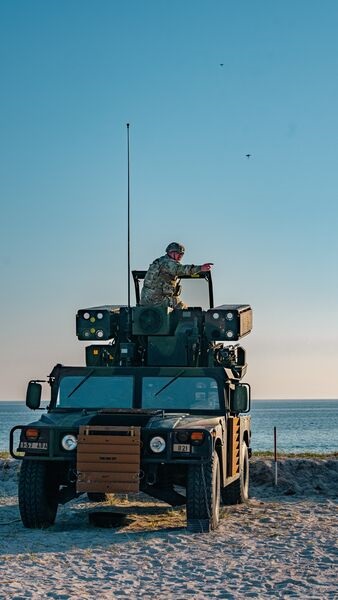 A US Army Avenger air-defence system on the MoD Hebrides Range in the UK engaging an incoming UAV swarm on 14 May as part of Exercise 'Formidable Shield 25'.