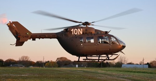 A UH-72 Lakota helicopter hovers at Shell Army Heliport, Fort Novosel, Alabama, during training.