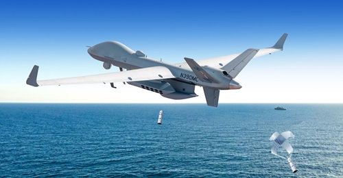 A computer-generated image of a General Atomics MQ-9B UAV deploying sonobuoys. General Atomics has teamed with Ultra Maritime to integrate its sonobuoy technology with the MQ-9B.