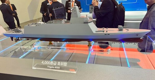 A model of Hanwha Ocean's Frigate 4000 on display at MADEX 2025.