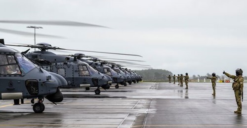 Seven out of the eight NH90 helicopters in service with the Royal New Zealand Air Force prepare to conduct a sortie in May 2025 to demonstrate No 3 Squadron's maintenance and aircrew capabilities.