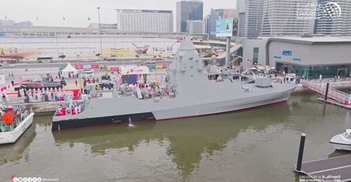 A still from a video released on 18 February shows 
        
        , the UAE's first Falaj 3, at the Naval Defence & Maritime Security Exhibition (NAVDEX) 2025.