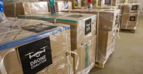 Drone Coalition supplies on their way to Ukraine from Latvia.