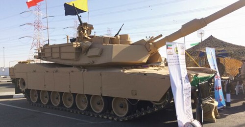 An M1A2 Abrams tank from the 35th Martyr Armoured Brigade displayed at the Gulf Defence and Aerospace show in December 2017.