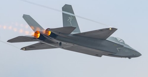 A Shenyang J-35A fifth-generation fighter aircraft conducts a flight over Zhuhai during Air Show China 2024 in November.