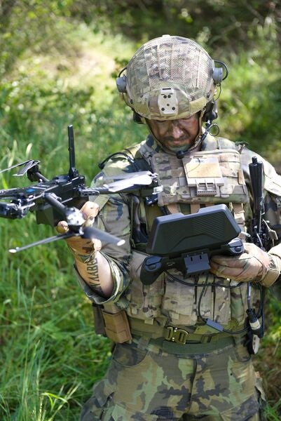 An ACR soldier with part of the ISTAR MBK kit with MyVector imaging unit terminal and an RQ-28A quadcopter UAV.