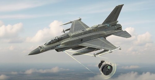 An artist's rendering showing the PAWS-2 system fitted to an F-16 combat aircraft.