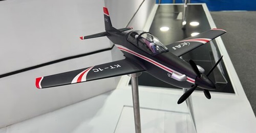 A model of the KT-1C on display at Indo Defence 2025. KAI has proposed to set up an assembly line for another variant of the trainer, the KT-1B, in Indonesia.