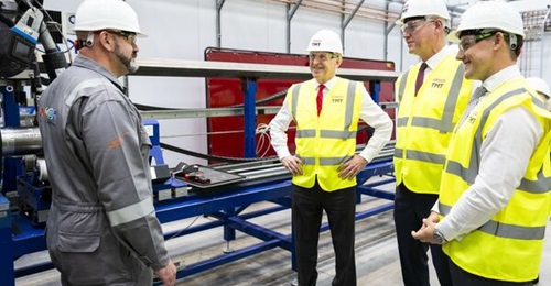 UK Secretary of State for Defence John Healey (centre) opened a BAE Systems artillery factory in Sheffield on 12 June 2025.