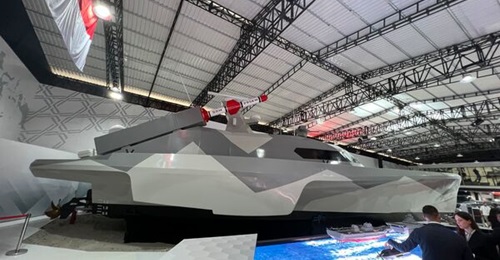 A mock-up of the Republik Palindo's stealth missile boat on display at Indo Defence 2025.