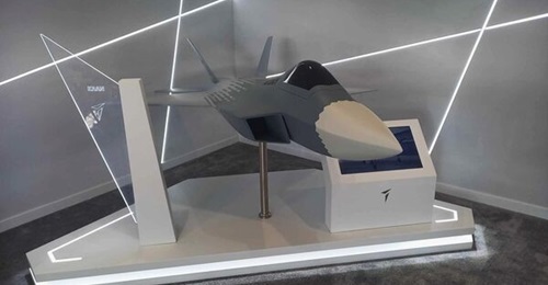 A scale model of the TAI Kaan fighter at the Turkish company's Paris Air Show 2025 chalet.