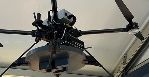 The Thales mini COMINT sensor (the black box with four brass connectors, seen above the grey landing plate) fitted to a Hexadrone Tundra 2 UAV at the Paris Air Show 2025.