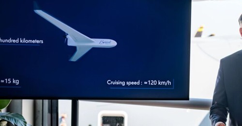 A model and concept graphic of the future MTO-LP long-range loitering munition announced through co-operation between Boreal and Thales at the Paris Air Show 2025.