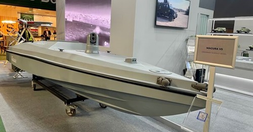A life-size model of Ukraine's Magura V5 USV, pictured here at Eurosatory 2024; one of the unmanned platforms being used against Russian forces.