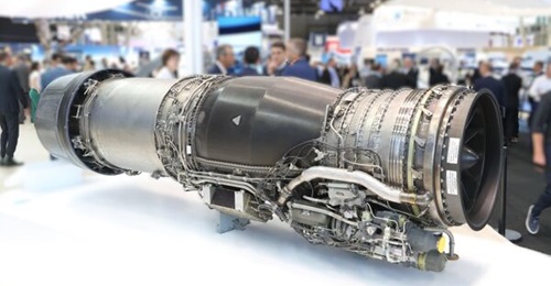 A model of the Safran M88 engine that powers the Dassault Rafale displayed at the Paris Air Show 2025.