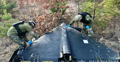 Image of a downed Shahed-136, which was discovered by the police on 17 March 2024 in Vinnitska Oblast in central Ukraine.