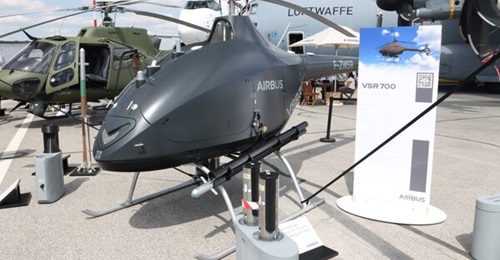 The armed version of the Airbus VSR700 UAV on display at the Paris Air Show 2025.