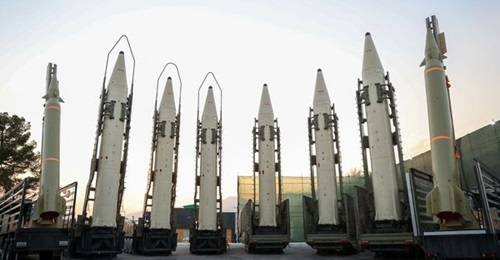 Six Khorramshahr ballistic missiles are seen flanked by Haj Qasem ballistic missiles during a ceremony to mark the first delivery of the types to the IRGC on 22 August 2023.