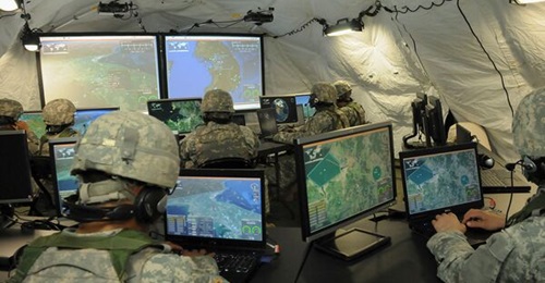The interior of the Northrop Grumman IBCS Engagement Operations Center (EOC). Northrop Grumman and Hanwha Systems will apply IBCS technologies to advance C2 technologies for IAMD, under an MOU announced on 23 June.