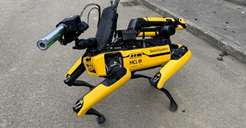 Boston Dynamics' agile mobile robot Spot equipped with EOD during testing conducted by MCL and the UK MoD.