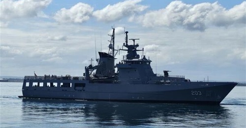 The first Arafura-class OPV is seen arriving at HMAS Stirling in Western Australia ahead of its commissioning.