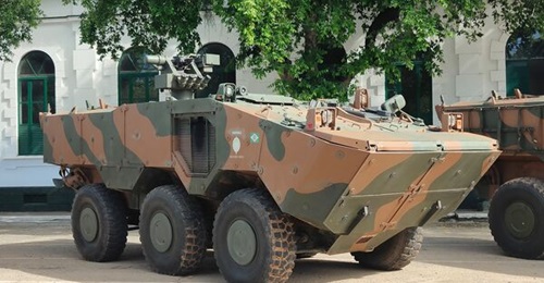 The Brazilian-made Guarani armoured vehicle has been exported to Ghana, Lebanon, and the Philippines. Here it is shown mounting the Ares REMAX 3 remote weapon station armed with the FN Herstal MAG 7.62×51 mm machine gun.