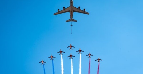 The last French Air and Space Force KC-135 performs a final flypast with the Patrouille de France national aerobatic display team during the type's retirement ceremony on 30 June.
