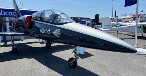 One of Babcock's Aero L-39C jets for delivering adversary air, JTAC, and other training, displayed at the Paris Air Show 2025.