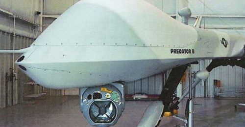 An MTS-B sensor system on an MQ-9 Reaper unmanned aerial vehicle. RTX plans to upgrade the MTS with Shield AI's ViDAR software to improve performance against maritime and aerial swarm threats.
