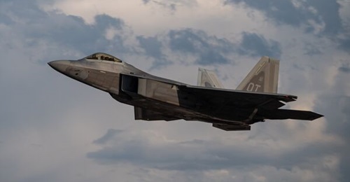 An F-22 Raptor takes off from Nellis Air Force Base, Nevada, 5 June 2025. The F-22 is set to receive new survivability and lethality capabilities in the FY 2026 USAF budget request.