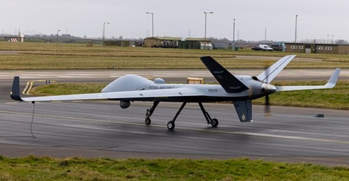 One of 16 Protectors that the RAF is receiving into RAF Waddington. The service has now opened at the same site an international training centre for the MQ-9B that underpins the Protector.