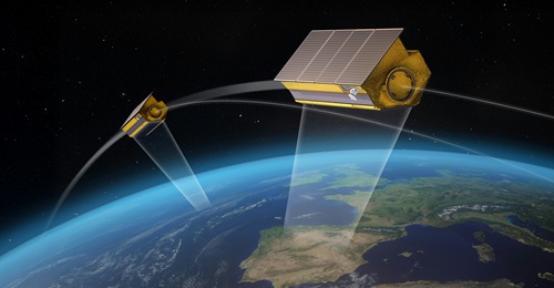 An illustrative image of two radar satellites as part of Spain's Ministry of Defence PAZ-2 programme.