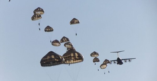Paratroopers of the French Army's 8th Marine Infantry Parachute Regiment landing in Viitna, Estonia, on 20 May 2023 during Exercise 'Spring Storm' to reinforce the Baltic country and the UK-led NATO enhanced Forward Presence battlegroup deployed there.