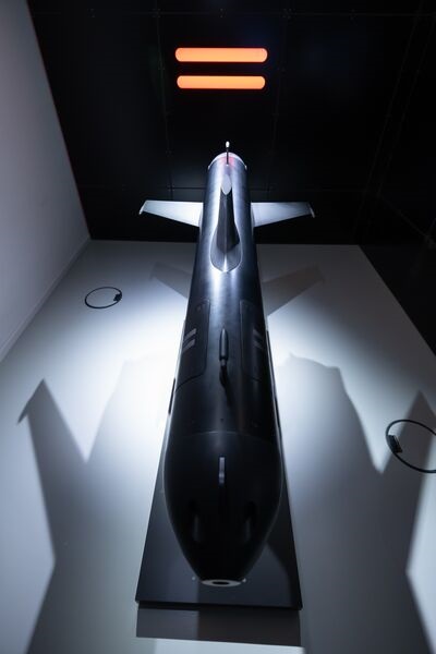 The UK's Treasury and Helsing announced on 8 July 2025 that the artificial intelligence company will produce SG-1 Fathom underwater gliders (photo of mock-up) in Plymouth at the country's first 'resilience factory'.