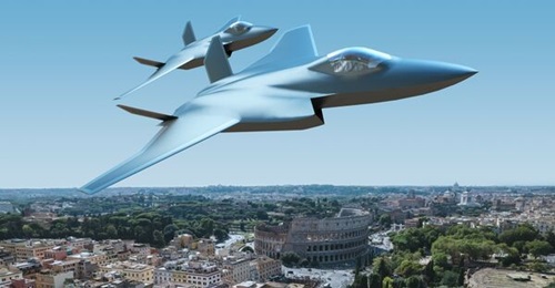 A rendering showing a pair of GCAP combat aircraft over Rome. An official from the Italian Air Force said he and his colleagues in Japan and the UK expect a flying prototype in 2030, ahead of entry into service in 2035.