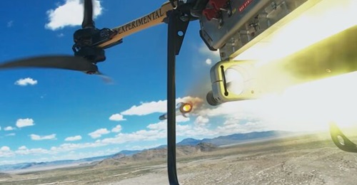 A video still showing the APKWS rocket leaving the TRV-150 launch UAS.