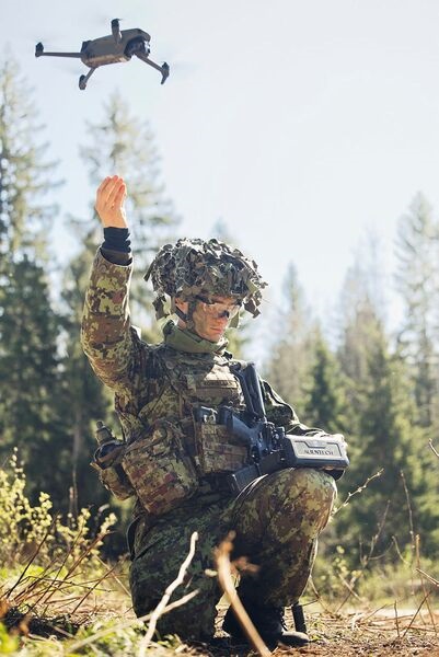 A British soldier using a UAS during Exercise 'Hedgehog' 2025, in Estonia, where elements of the Asgard targeting network were tested.