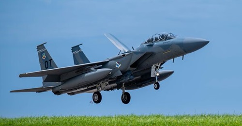 A US Air Force F-15EX Eagle II of the 85th Test and Evaluation Squadron lands at Kadena Air Base, Japan, on 16 July 2025.