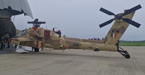 A Boeing AH-64E Apache Guardian attack helicopter ordered by the Indian Army is unloaded from an Antonov An-124-100 strategic airlifter at Air Force Station Hindon on 22 July 2025.