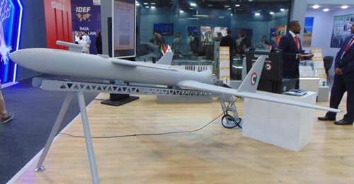 The Safaroog OWA UAV is displayed at IDEF 2025.
