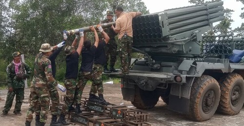 Cambodian soldiers reload the BM-21 multiple rocket launcher in Preah Vihear province on 24 July.
